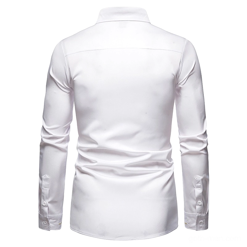Gothic white asymmetric shirt side view showing embroidered neckline detail
