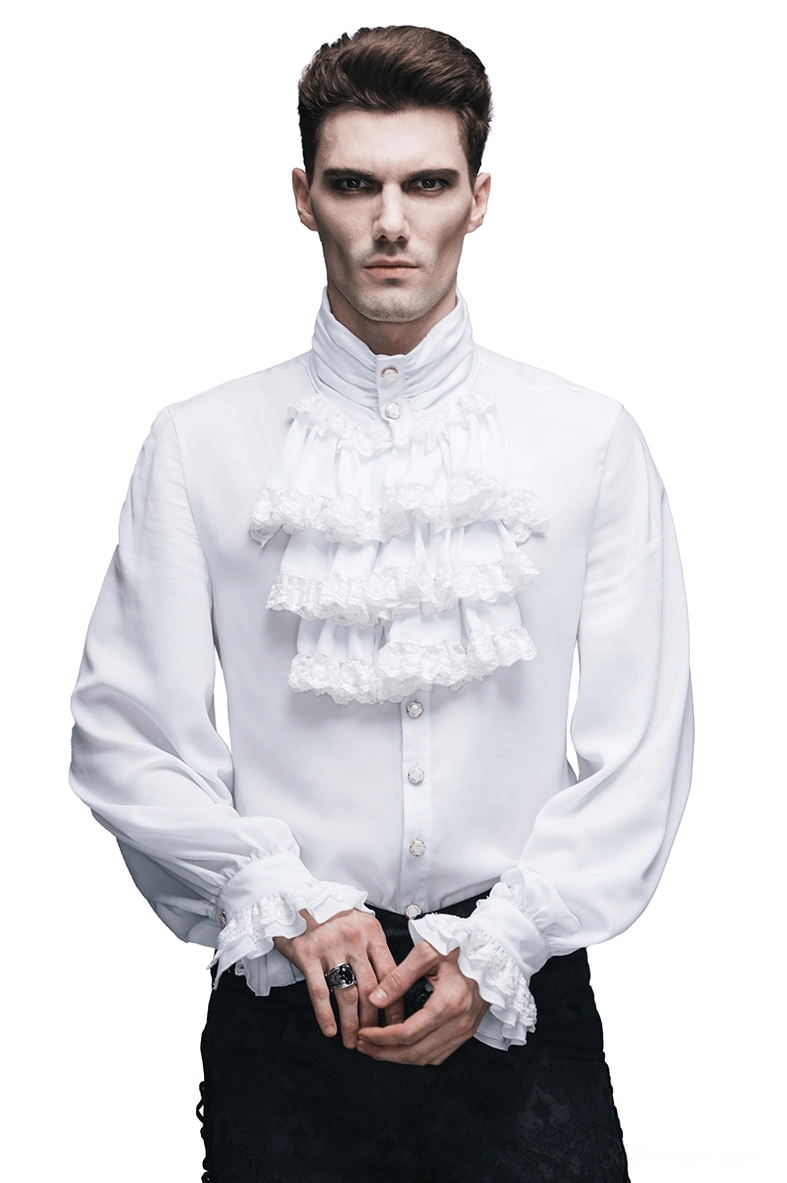 White gothic ruffled dress shirt with elaborate lace collar trim, worn by male model in front view