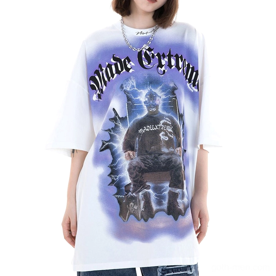 White gothic oversized tee styled on model with accessories