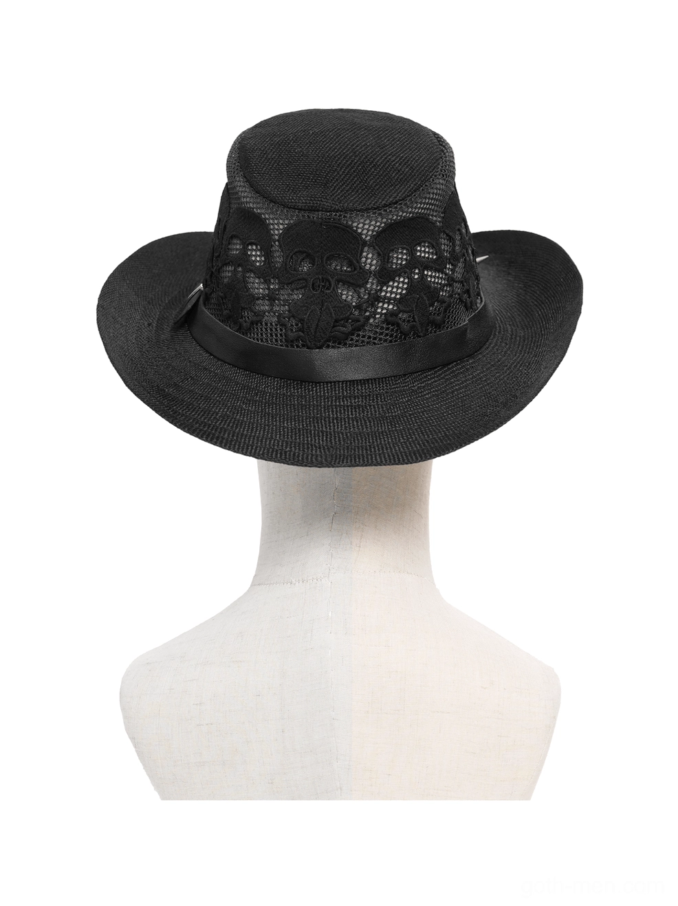 Wide brim gothic cowboy hat with skeleton hand appliqués and multiple spike trims, side angle mannequin