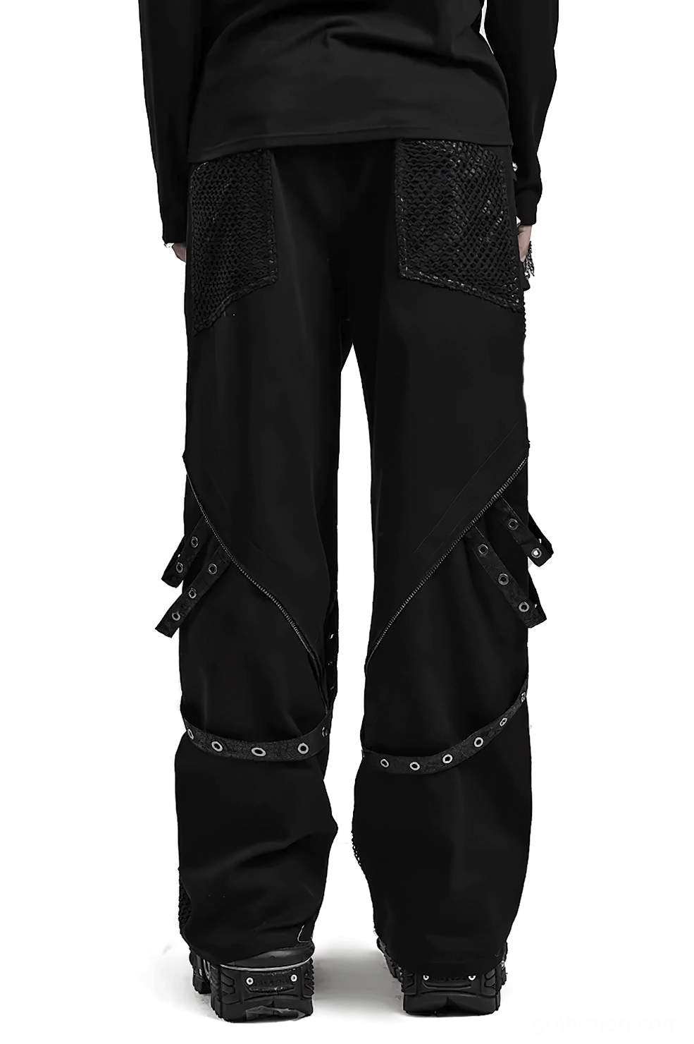 Black gothic wide-leg pants rear view showing side strap hardware and mesh details on male model