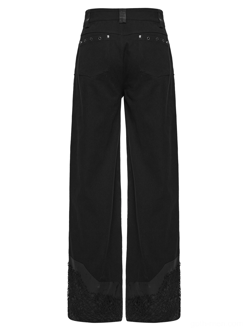 Black gothic tripp pants rear flat lay showing trouser cuffs and structured hem design