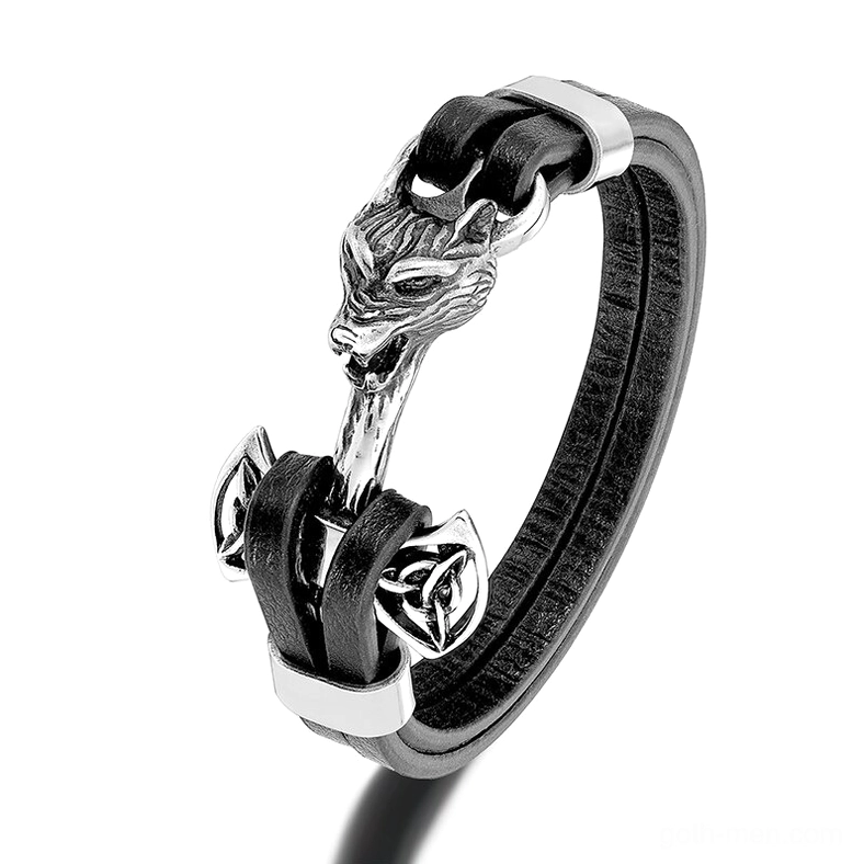 Gothic wolf head leather bracelet with Celtic knot details, stainless steel pendant, vintage style unisex cuff