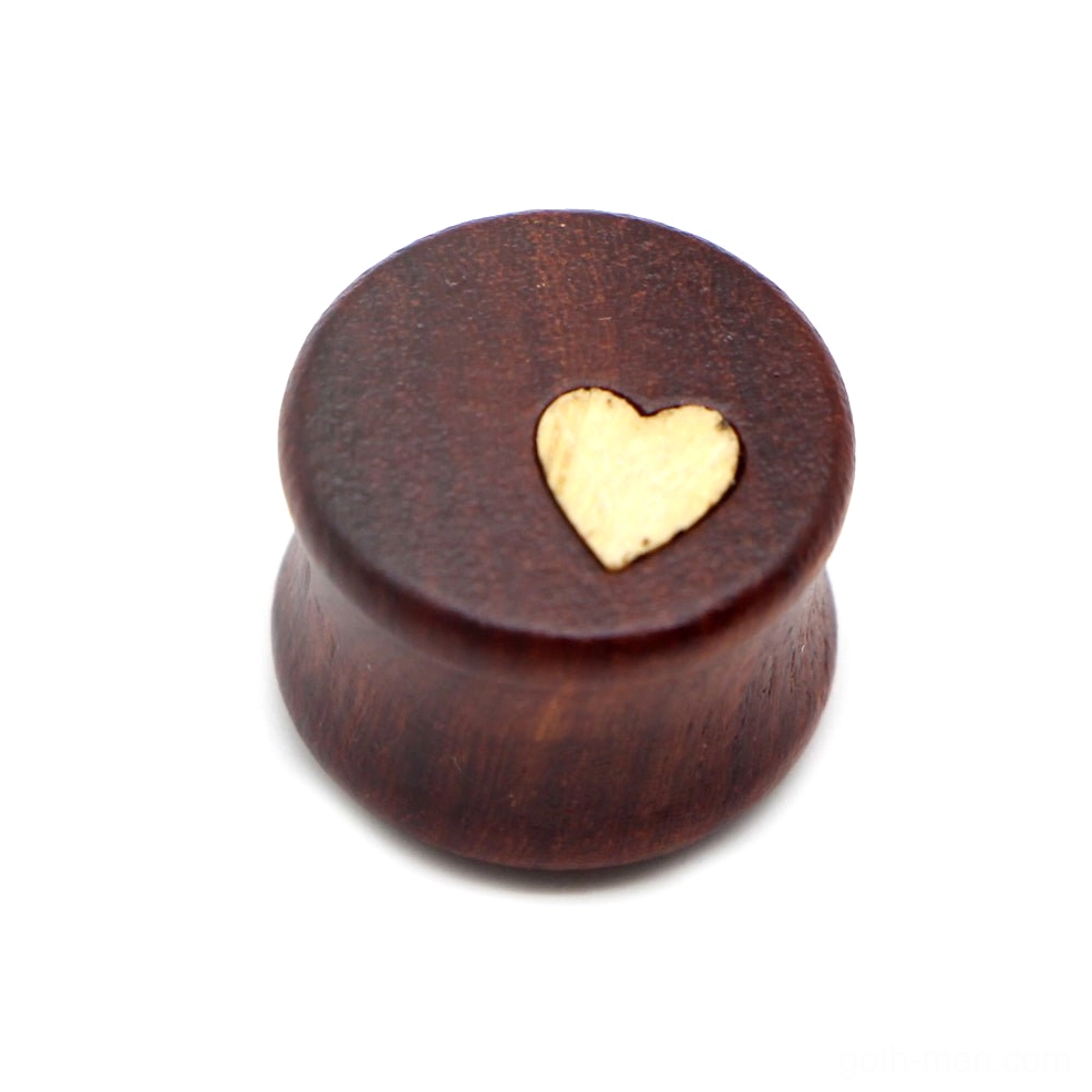 Wooden heart ear expander tunnels displayed in flat lay showing pair set and size variations for body modification