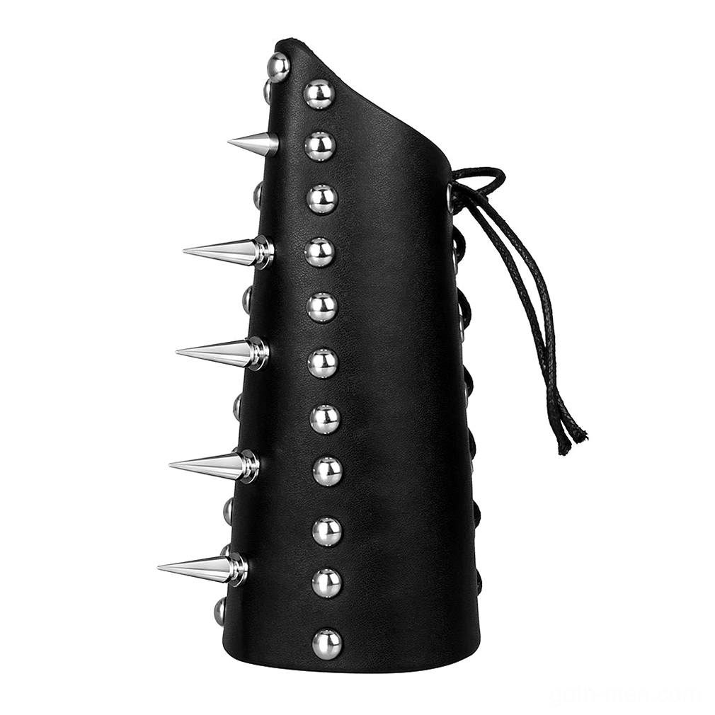 Side profile view of black leather wrist guard showing vertical arrangement of cone spikes and side lace fastener system, gothic fashion accessory
