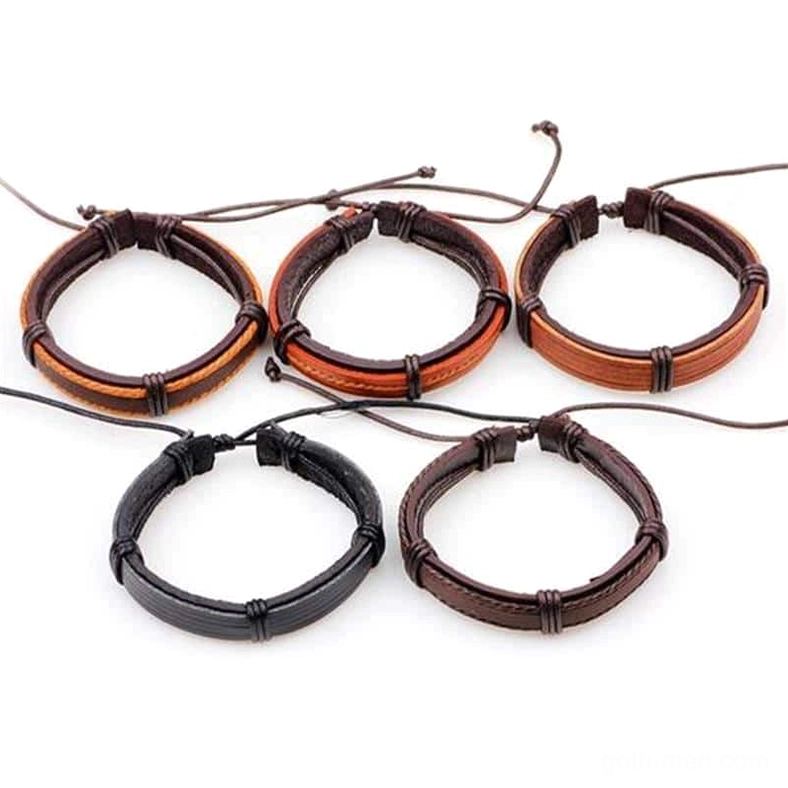 Loose 5-piece brown and black leather gothic wristband collection with adjustable drawstring design