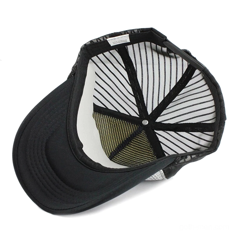 Interior close-up of gothic mesh baseball cap showing breathable mesh lining and metal snap button adjustment mechanism