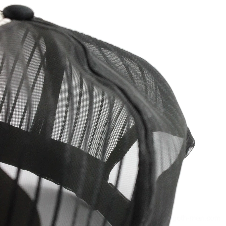 Close-up detail of breathable black mesh back panels on gothic trucker cap with visible stitching and construction quality