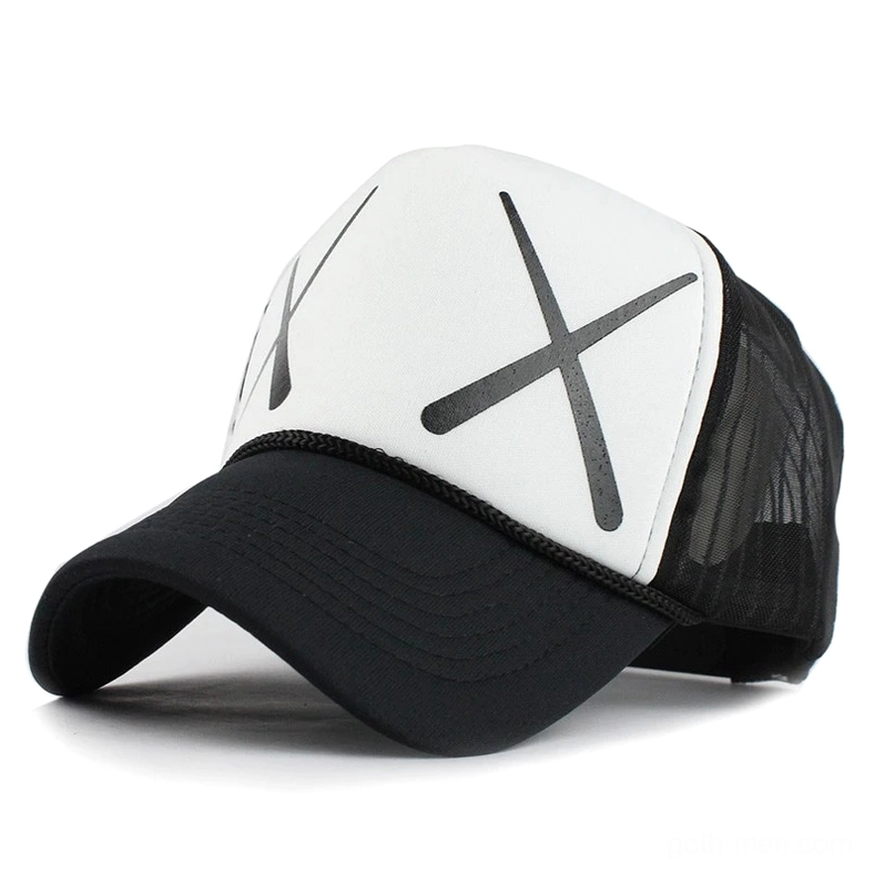 White and black gothic trucker cap with XX pattern print, studio front angle showing mesh side panels and structured crown