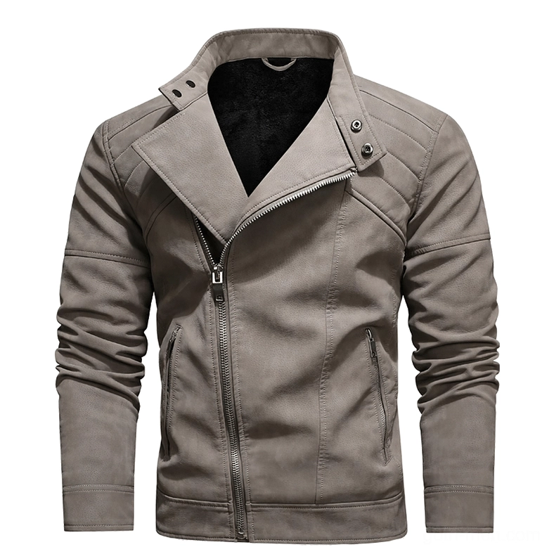Light gray lapel faux leather jacket snap collar and diagonal closure gothic biker