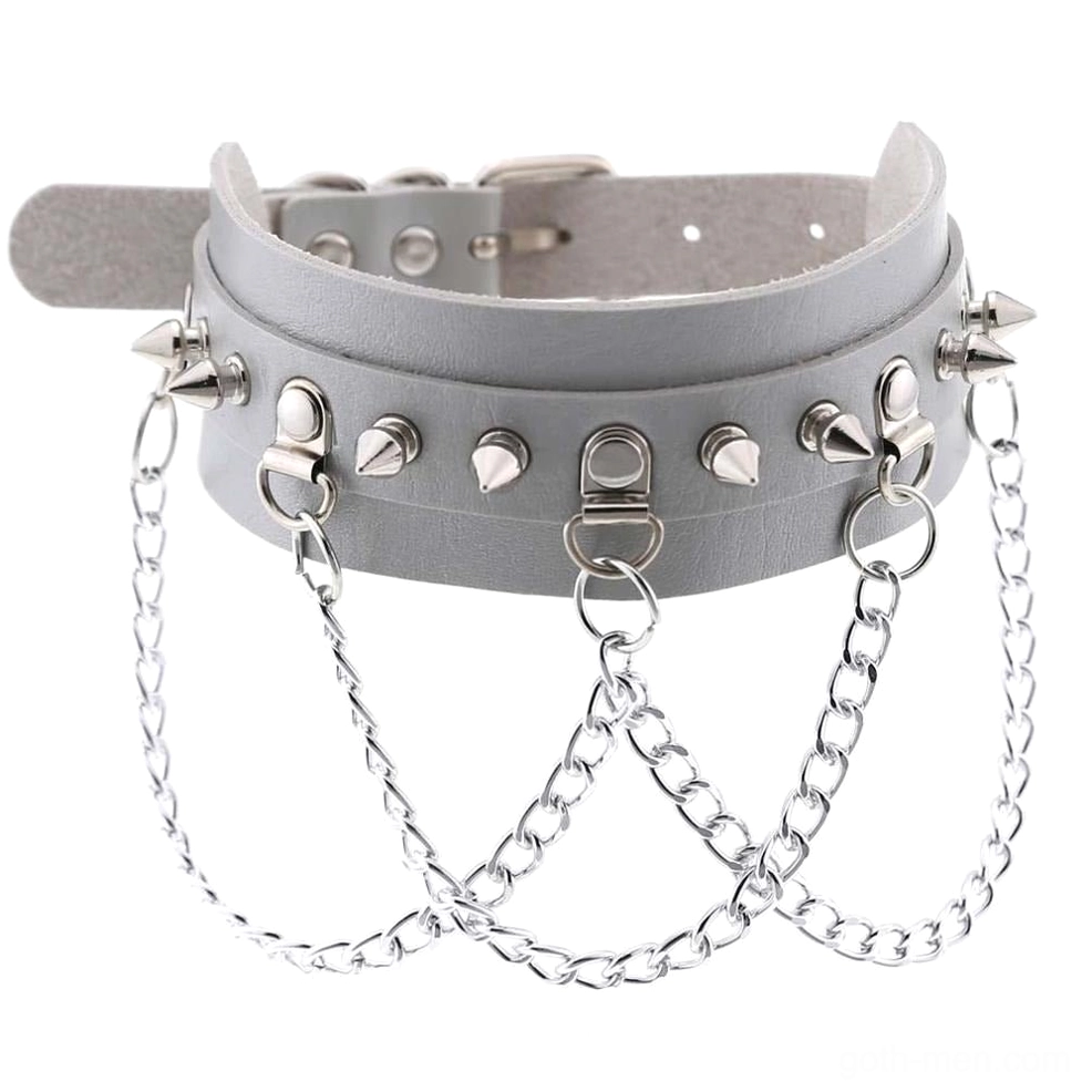 Gray vegan leather spiked choker with silver-toned metal accessories and spike details, alternative fashion jewelry