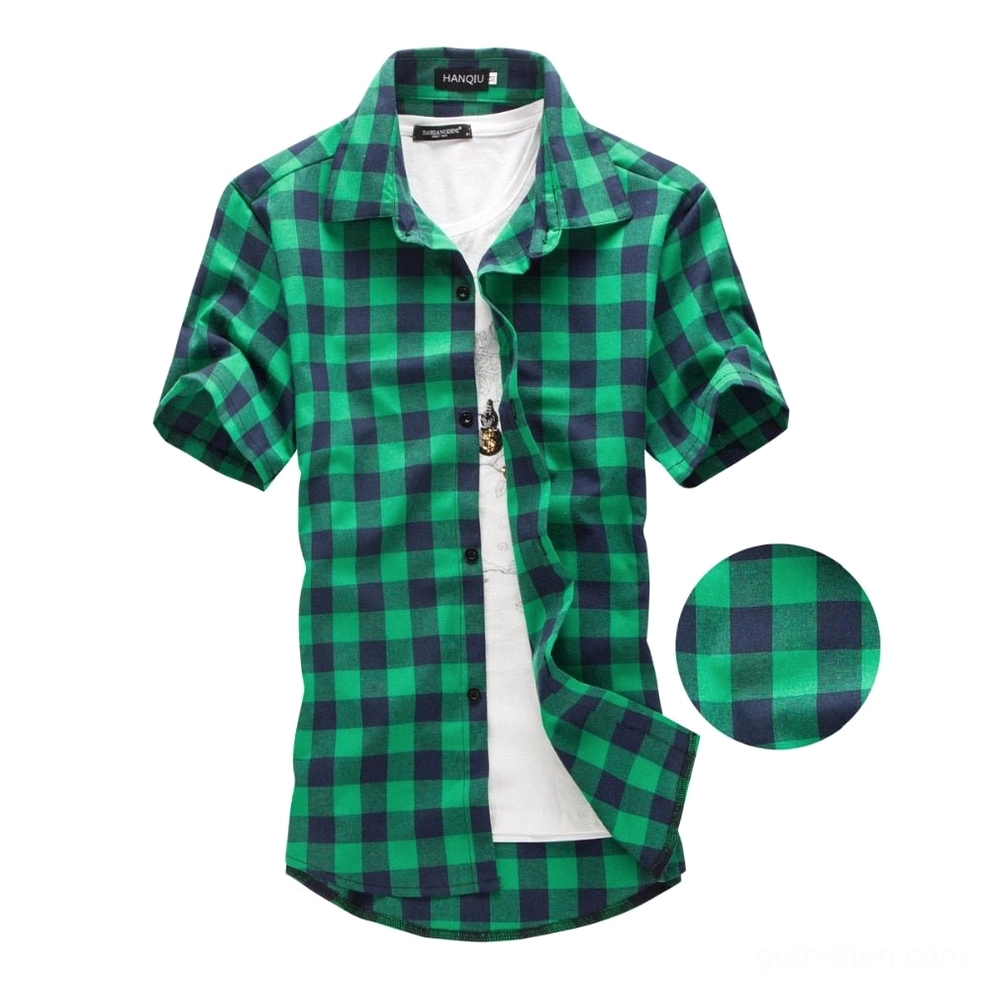 Green and navy buffalo plaid gothic shirt - men's short sleeve with fabric texture swatch