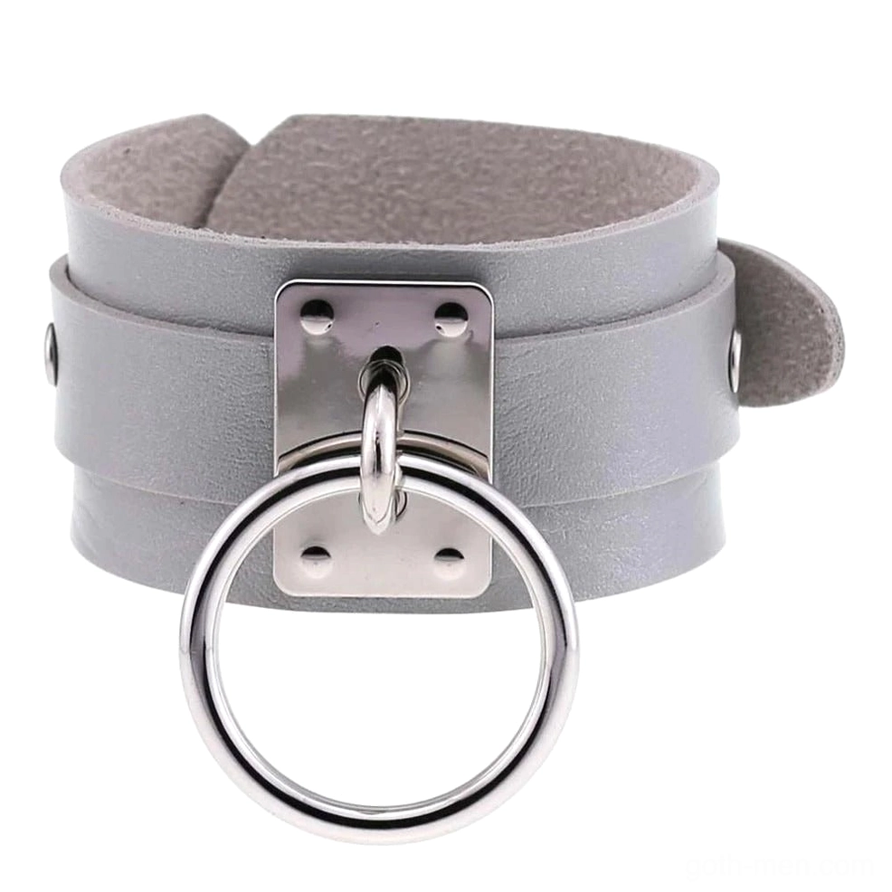 Grey leather gothic cuff bracelet with silver metal accents, minimalist dark jewelry