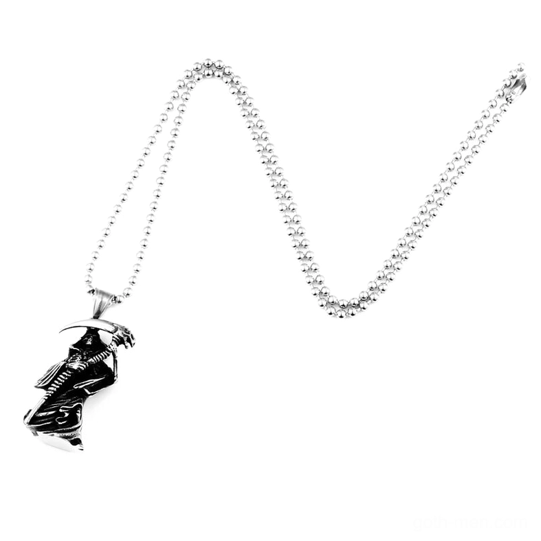 Grim reaper skull pendant bead ball chain stainless steel gothic necklace flat lay