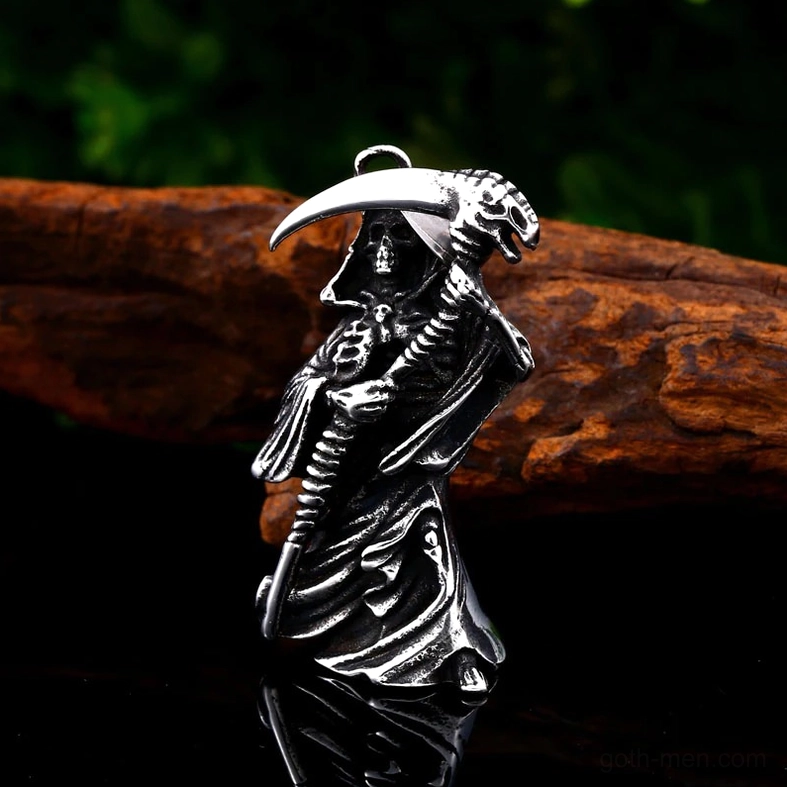 Gothic grim reaper skull pendant stainless steel necklace detailed reaper cloak carved motif
