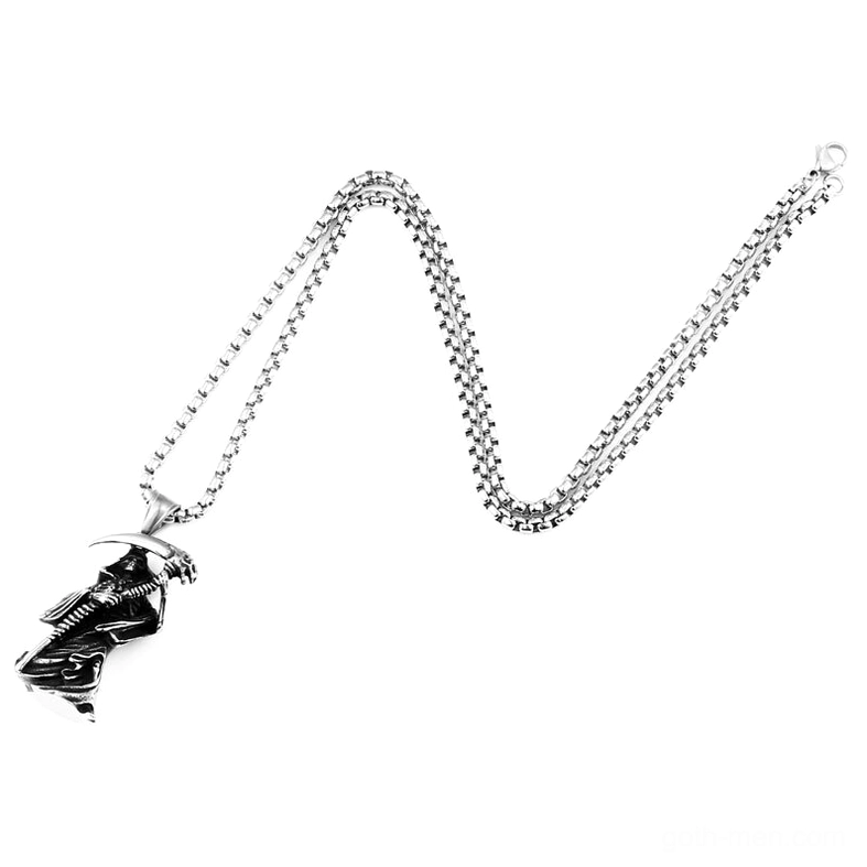 Gothic grim reaper skull pendant twisted rope stainless steel chain necklace flat lay