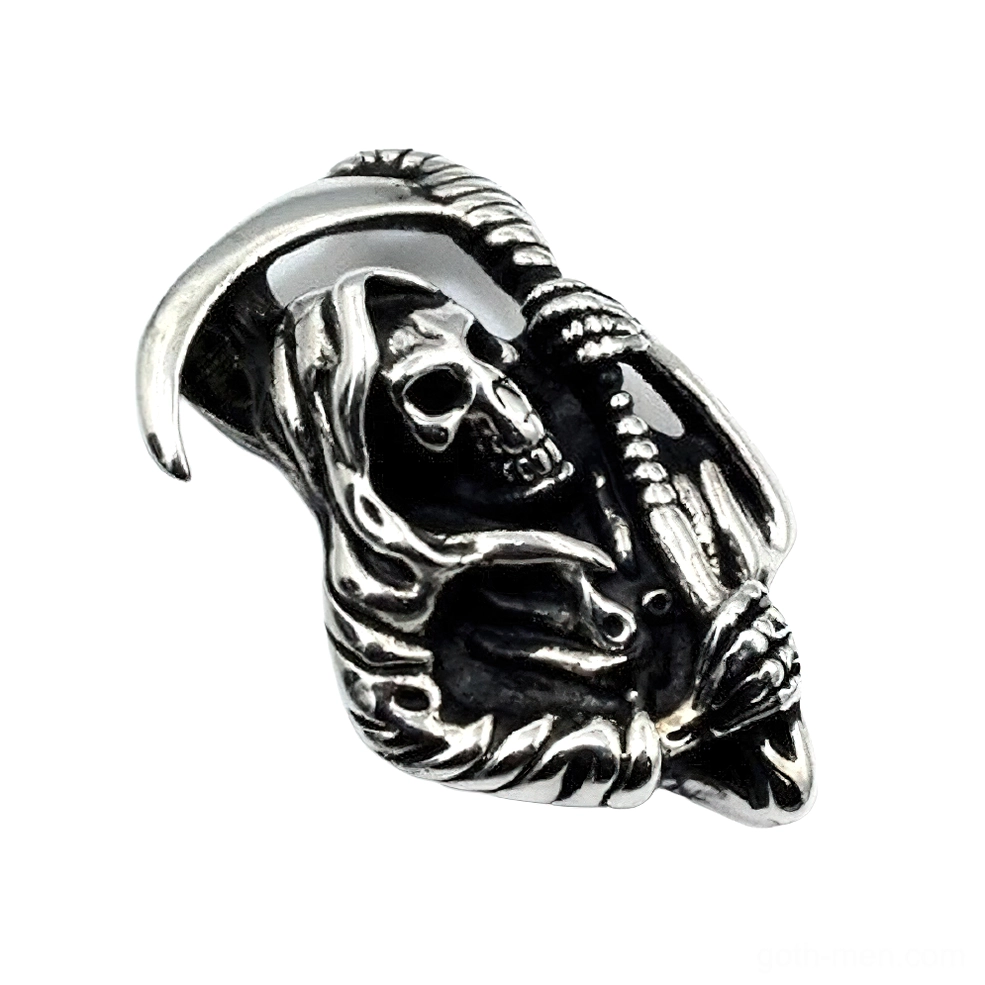 Vintage Grim Reaper skeleton pendant 3D detail side view, antique silver sterling metal craft with scythe, gothic memento mori design