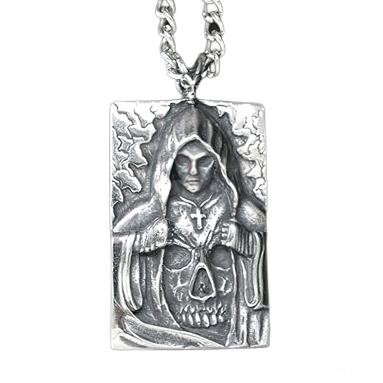 Grim reaper skull cross pendant on twisted chain showing embossed motif clarity and vintage silver stainless steel finish