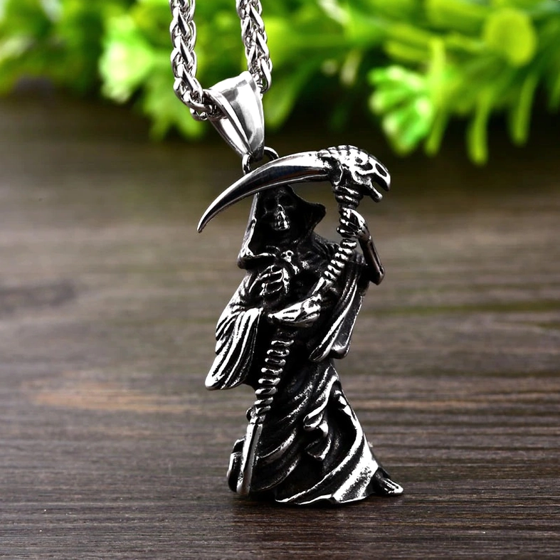 Gothic grim reaper skull pendant stainless steel necklace polished finish side angle view