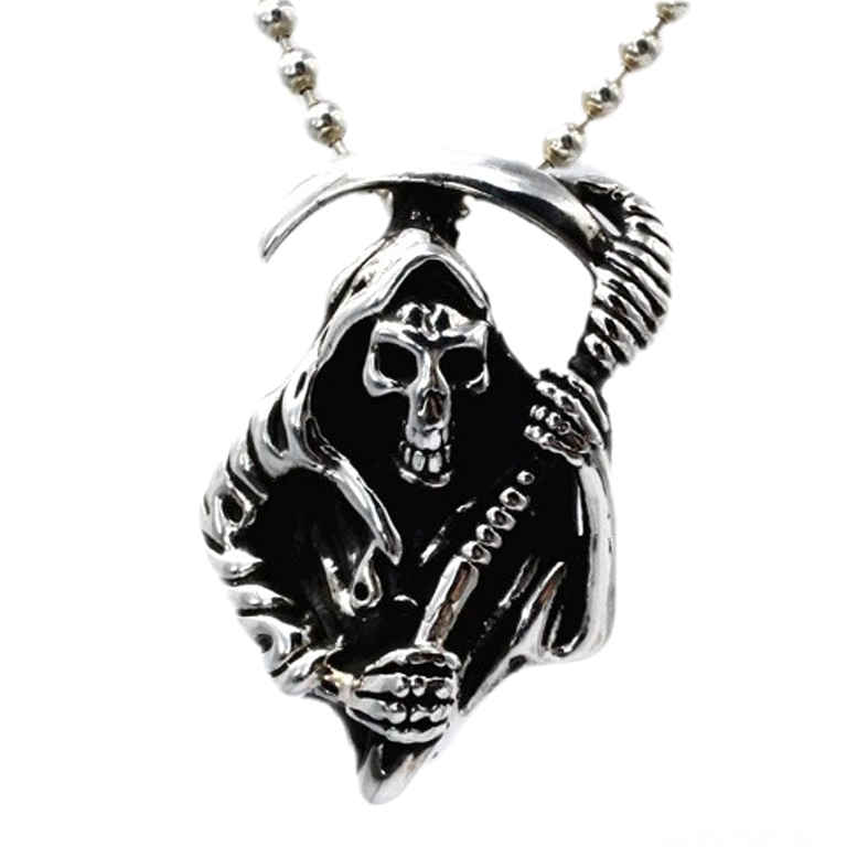 Grim Reaper skeleton pendant in antique sterling silver with vintage finish, front oblique view on white background showing detailed hooded figure holding scythe