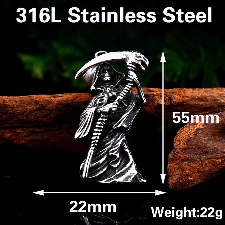 Grim reaper skull pendant stainless steel gothic necklace front facing detail shot memento mori