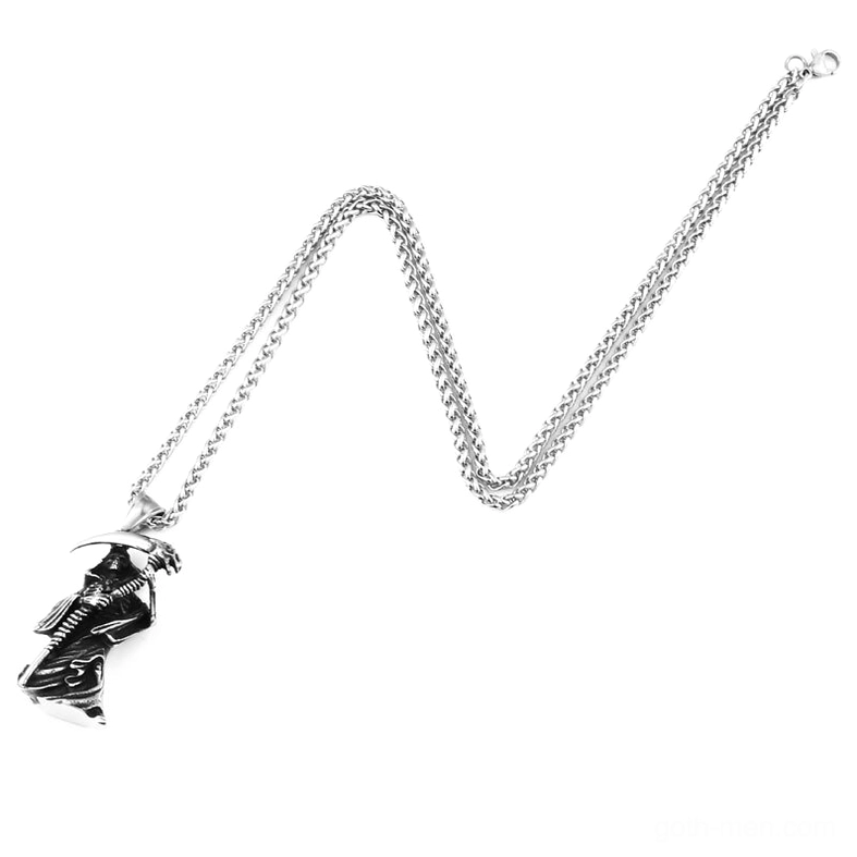 Skeleton grim reaper pendant stainless steel twisted keel chain gothic jewelry flat lay