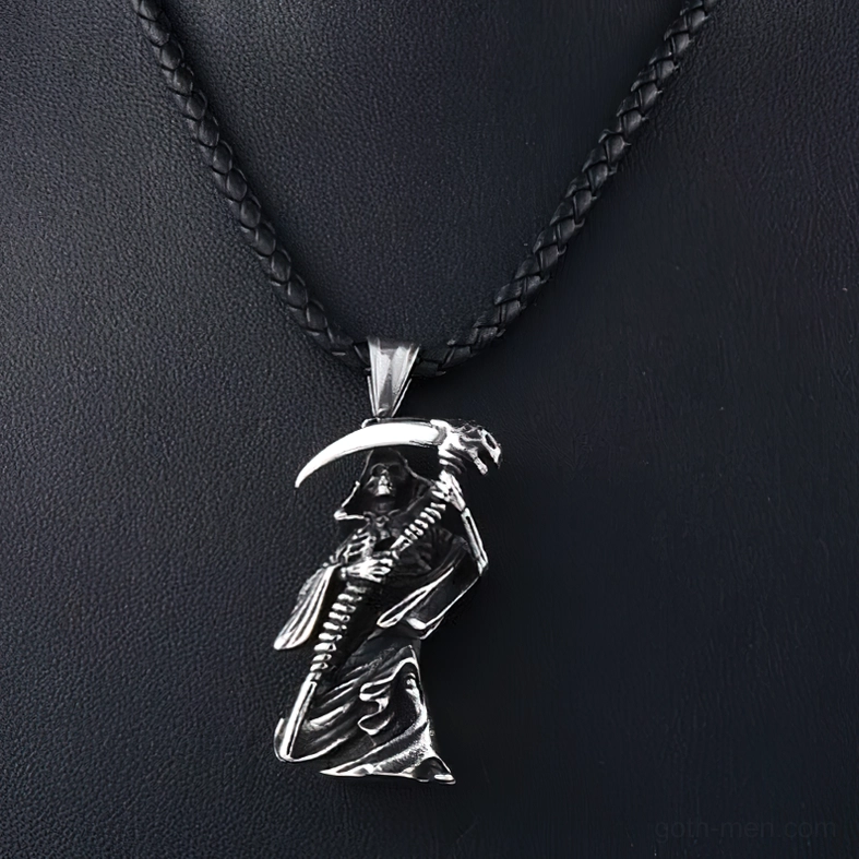 Stainless steel grim reaper skeleton pendant gothic necklace leather chain detail close-up