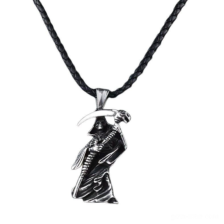 Grim reaper skull pendant stainless steel necklace with braided leather chain front view gothic jewelry