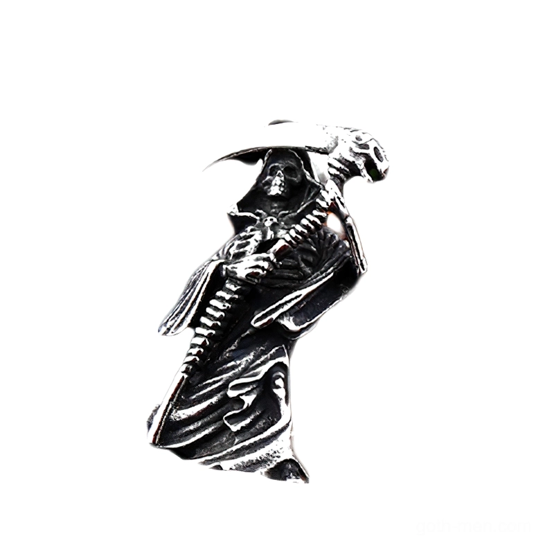 Stainless steel grim reaper skeleton pendant gothic necklace three-quarter angle close-up