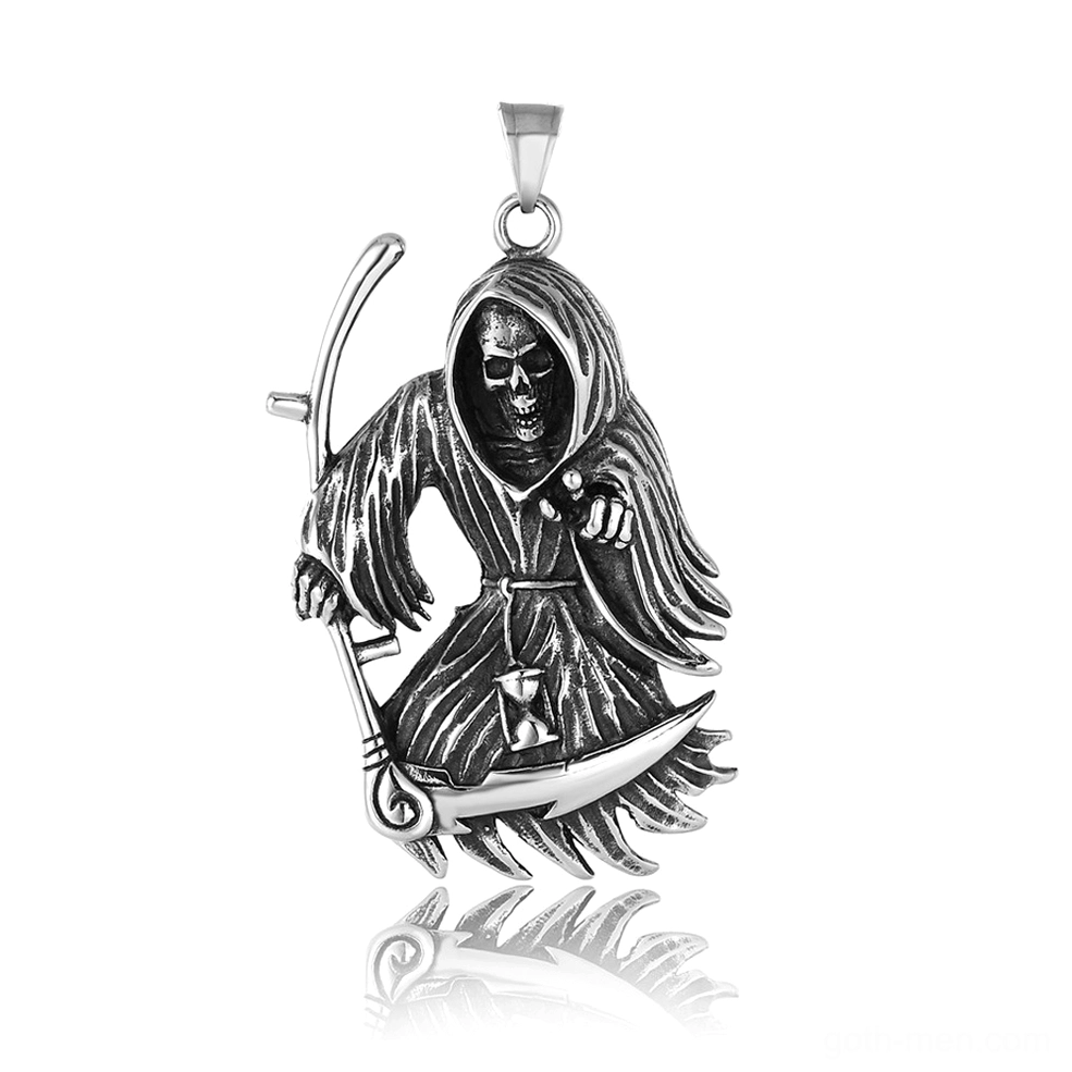 Hooded grim reaper skull with scythe gothic pendant flat lay design detail