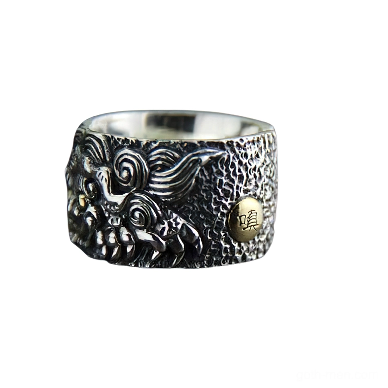 Sterling silver guardian lion carved open ring front with hammered band and Chinese character golden charm