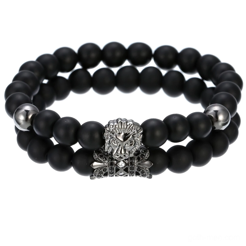 Gunmetal black lion head gothic bracelet with stone beads - industrial goth jewelry