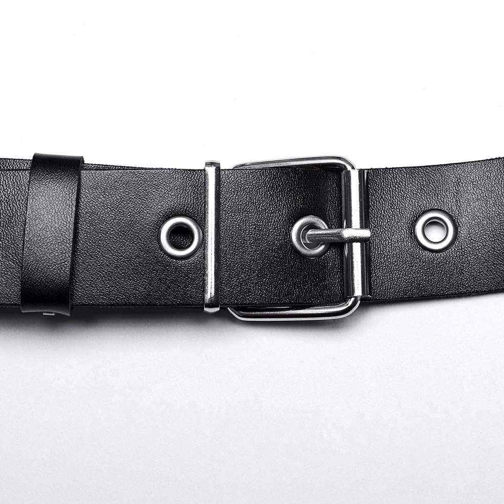 Side close-up detail of black leather harness metal pin buckle with adjustment grommets and fasteners