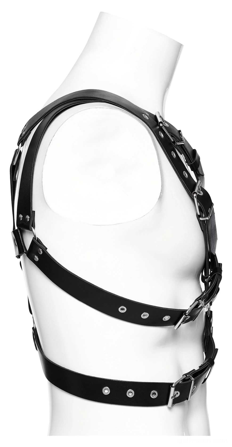 Adjustable leather harness side view showing shoulder strap with metal grommets and adjustment hardware