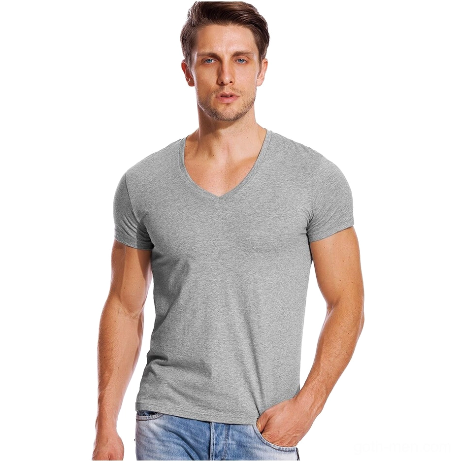 Heather gray slim fit gothic V-neck short sleeve T-shirt for men, front view on model