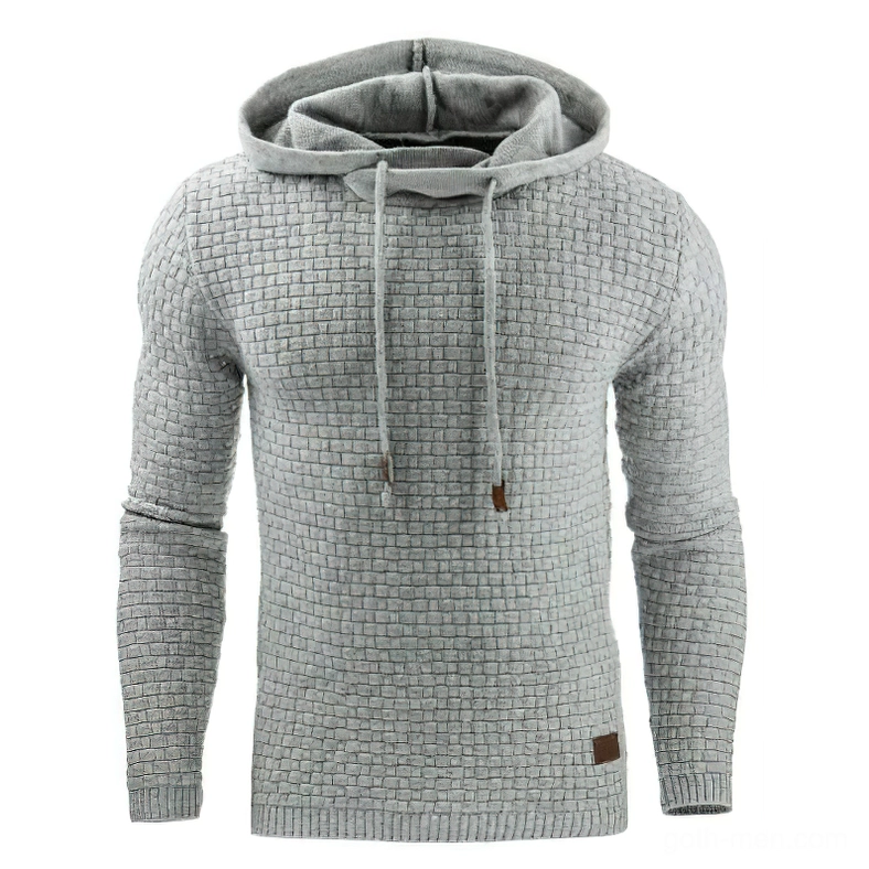 Heather gray textured gothic hoodie for men with quilted grid design and drawstring hood