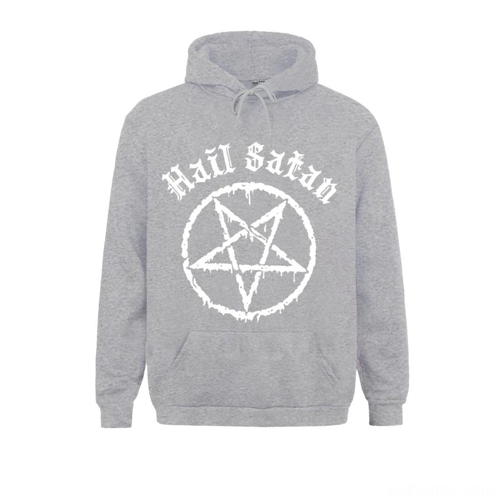 Heather grey occult hoodie featuring white Hail Satan text and inverted pentagram chest emblem, alternative fashion