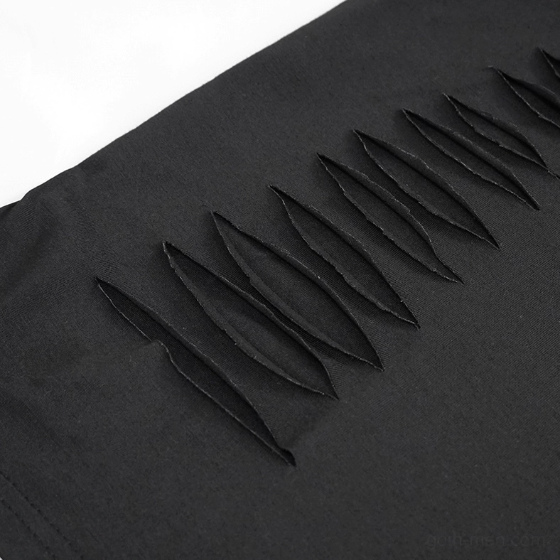 Detailed view of black fabric with narrow torn slit design patterns