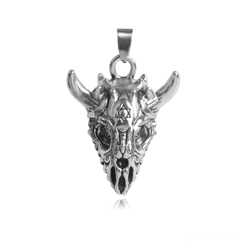 Horned demon skull gothic pendant front view showcasing intricate skeletal details and vintage oxidized silver finish