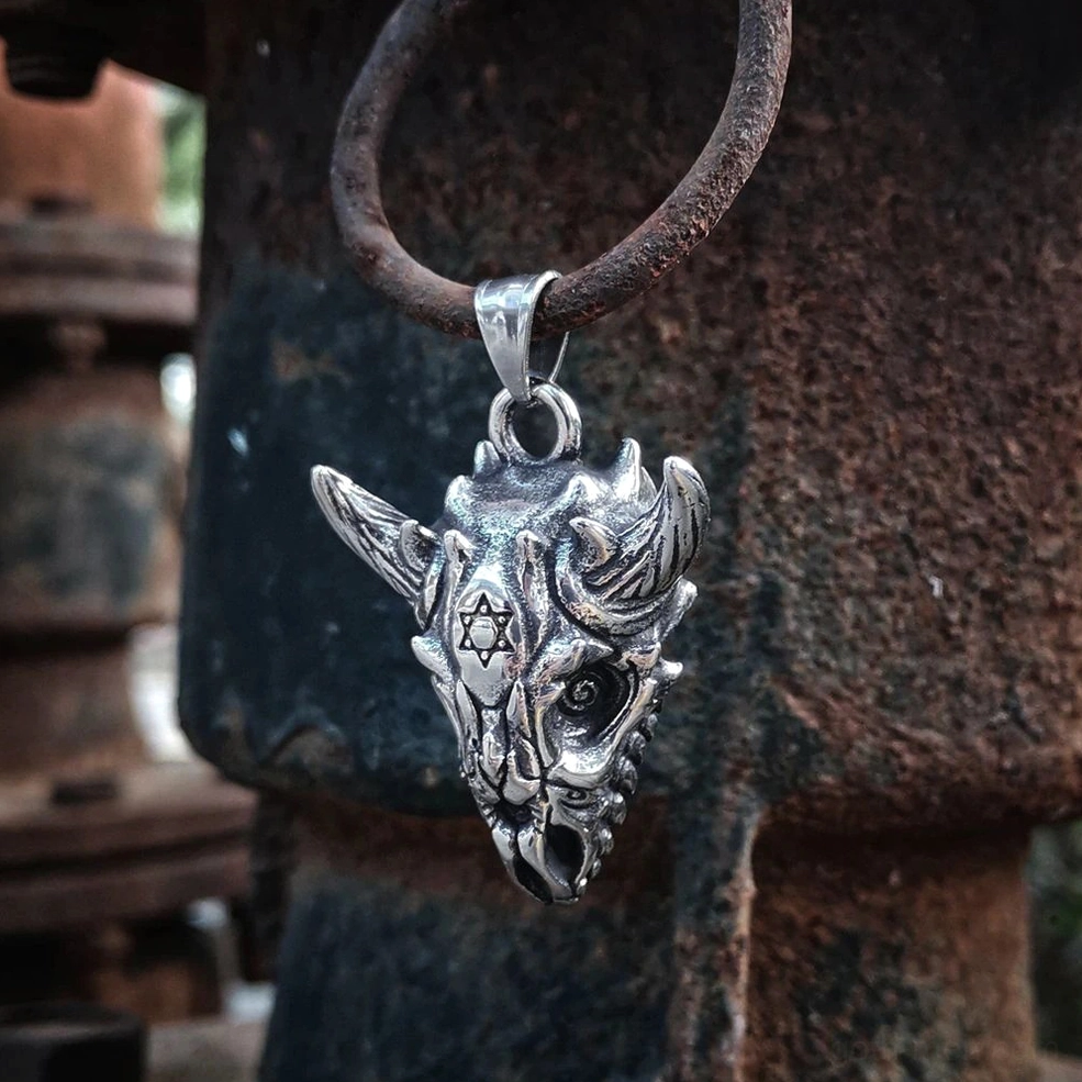 Stainless steel horned skull gothic pendant necklace main product shot alternative angle view