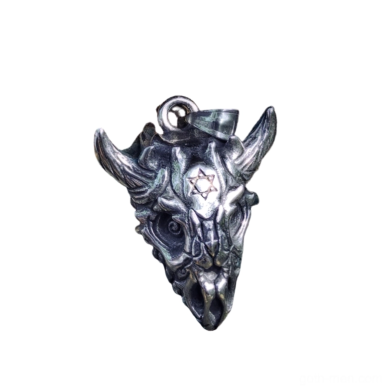 Dark silver horned skull pendant three-quarter angle view revealing anatomical bone carving and vintage patina