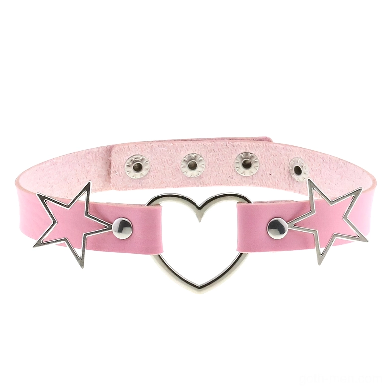 Hot pink leather choker with silver hollow heart and star decorative details, flat lay display of vibrant gothic choker necklace