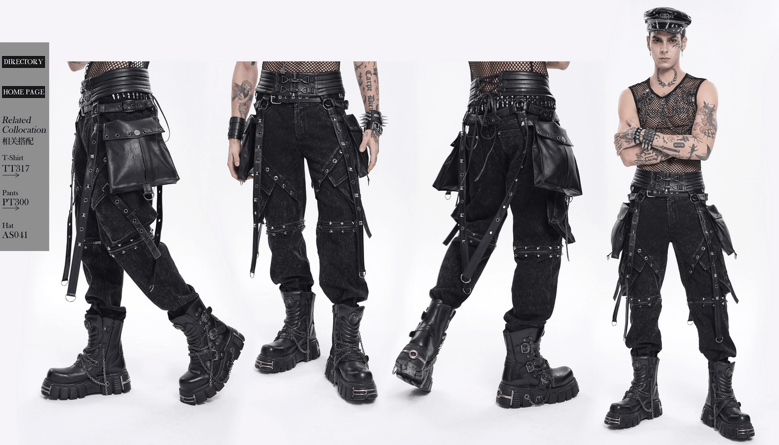 Industrial punk aesthetic black harness full design showing all functional elements including pockets, straps, and metal hardware together