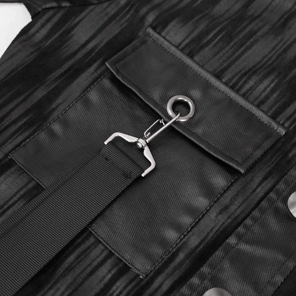 Front pocket detail with metal rings on black gothic punk short jacket