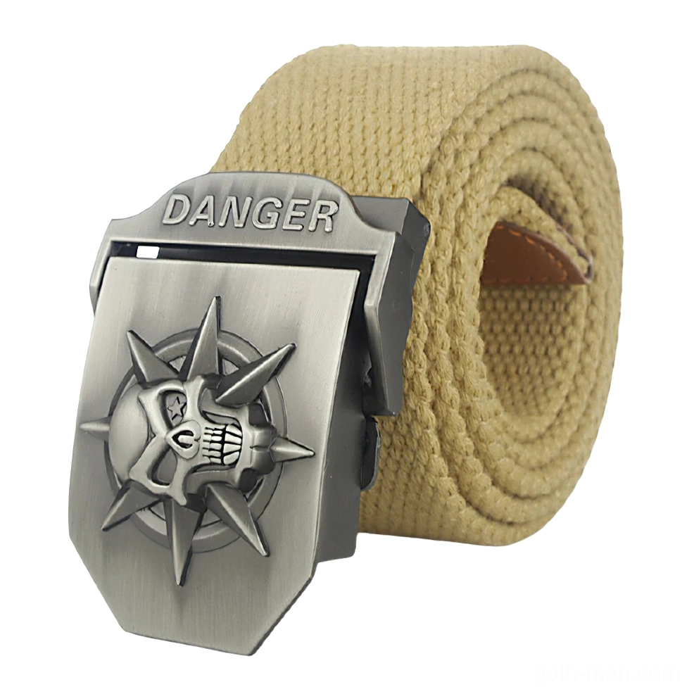Khaki canvas casual gothic belt with antique silver metal skull buckle, front three-quarter view