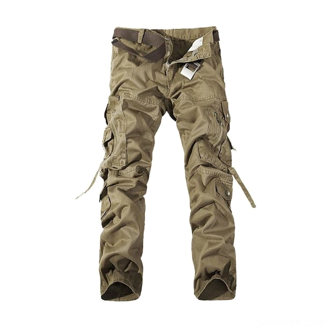 Khaki cargo trousers front flat lay showing multi-pocket straps and neutral colorway