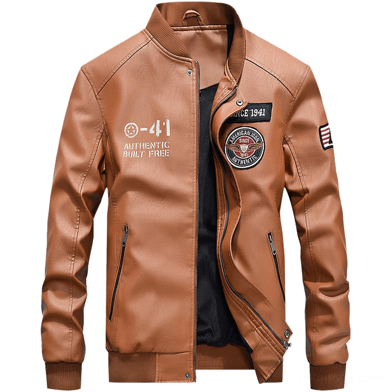 Khaki tan PU leather moto jacket with embroidered round badge detail gothic aesthetic