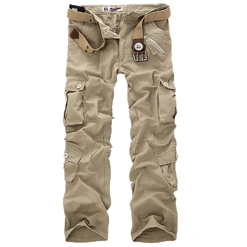 Khaki cargo trousers front flat lay with tan matching belt - military gothic pants multi flap pockets