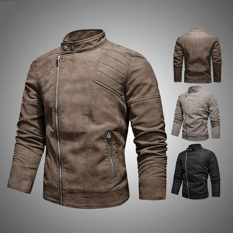 Khaki gothic faux leather jacket with quilted panels and stand collar design