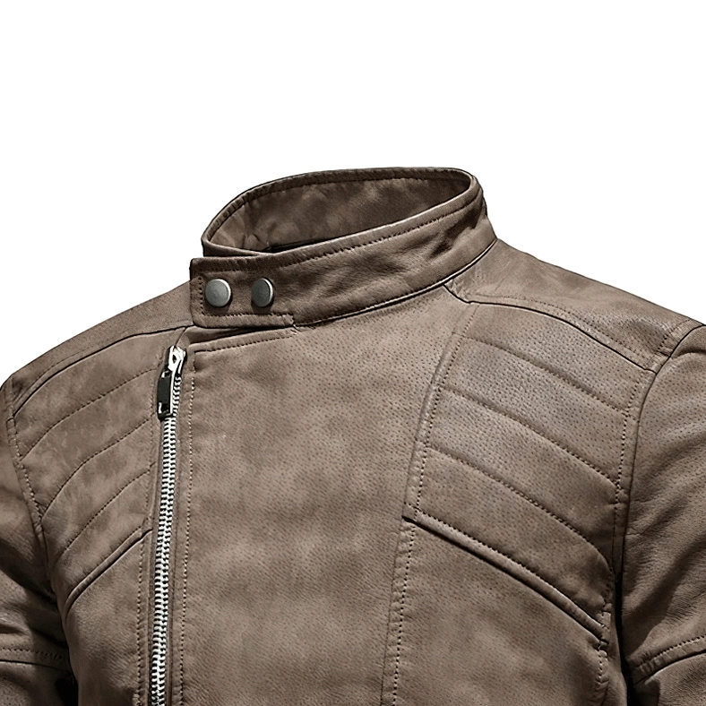 Khaki faux leather stand collar jacket front view with diagonal zipper gothic